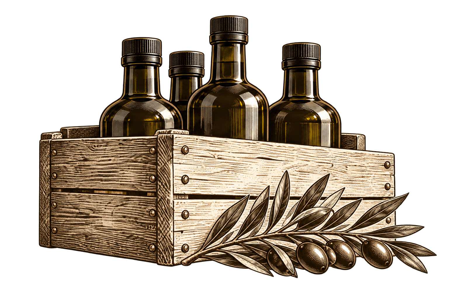 An engraved wooden crate holding olive oil bottles